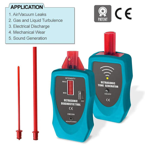 Front view of turquoise ultrasonic diagnostic tool kit: two handheld units with red probes and tone generator