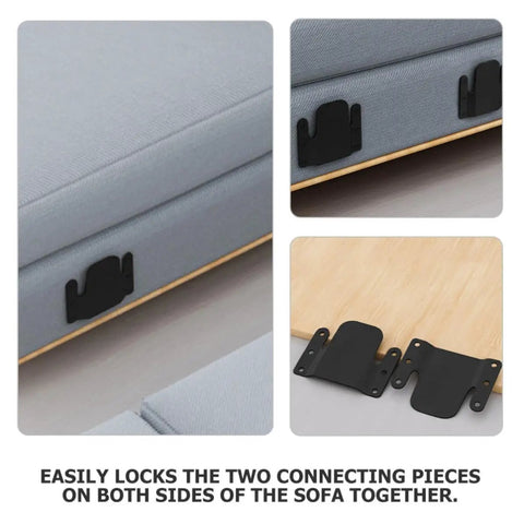 Sectional Sofa Connector Set 4 Piece Iron Brackets With Screws for modular couch assembly on fabric and wood surfaces.