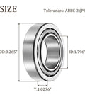 Tapered Roller Bearing Cone And Cup Set In Chrome Steel 1.796 Inch Bore 3.265 Inch Outer Diameter 1.0236 Inch Thick Beefy High Load ABEC 3 Precision For Heavy Machinery And Auto Repairs, with size labels