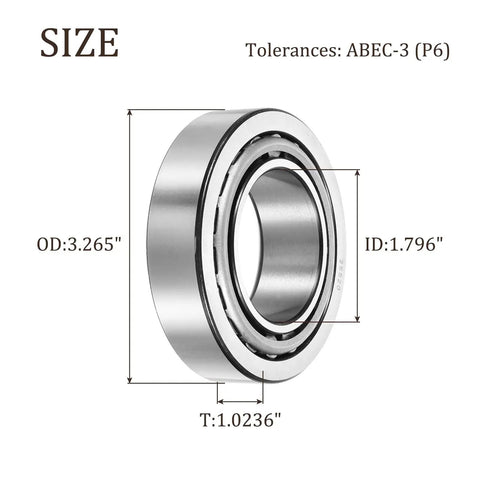 Tapered Roller Bearing Cone And Cup Set In Chrome Steel 1.796 Inch Bore 3.265 Inch Outer Diameter 1.0236 Inch Thick Beefy High Load ABEC 3 Precision For Heavy Machinery And Auto Repairs, with size labels