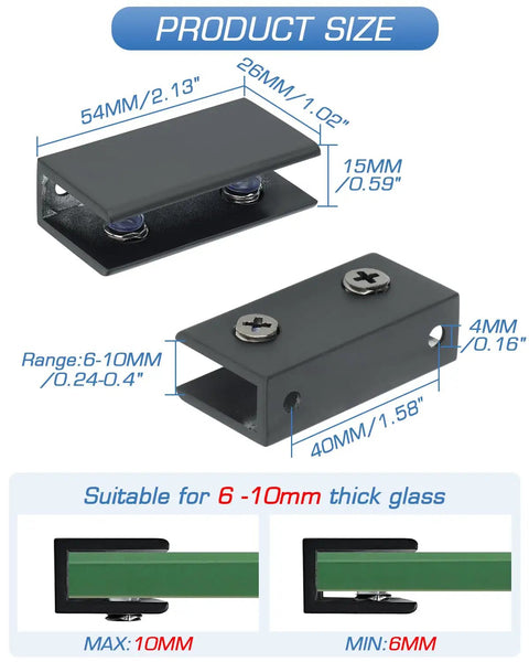 Professional Grade Glass Shelf Brackets Black Zinc Alloy Wall Mount Supports For 6 To 10mm Panels showing product size and specifications.