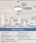 17.5 Inch Socket Fan Light With Remote, 25W LED Ceiling Fan, 1600 Lumens, 3 Color Temperatures, 6 Speeds, product diagram