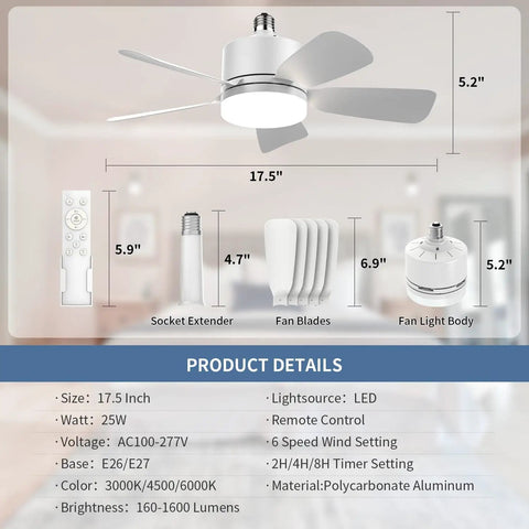 17.5 Inch Socket Fan Light With Remote, 25W LED Ceiling Fan, 1600 Lumens, 3 Color Temperatures, 6 Speeds, product diagram