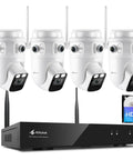 Wireless Triple Lens 2K Security Camera System All In One Outdoor With 360 Degree Pan And Tilt Motion Detection Auto Tracking 2.4 GHz WiFi Night Vision 16 Channel NVR With 500GB HDD showing four cameras and NVR