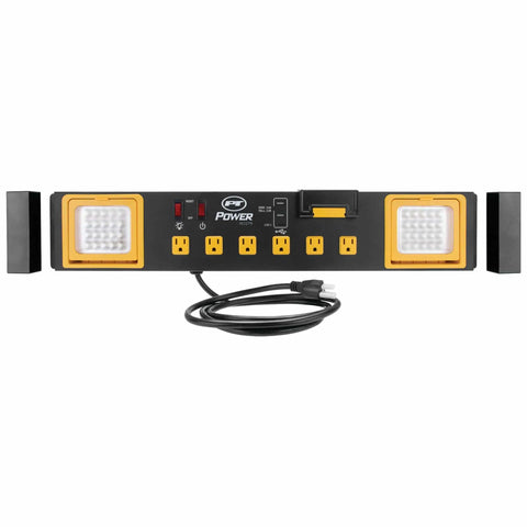 Front view of Heavy Duty Commercial Grade Power Station With Six Outlets And Two USB Ports Built In Cradle And Pivoting 1000 Lumen LED Lights Ideal For Garages, Workshops, And Job Sites.