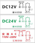 Wiring diagrams for DC12V, DC24V, and AC110-220V timer relay modules with terminals and connections shown.
