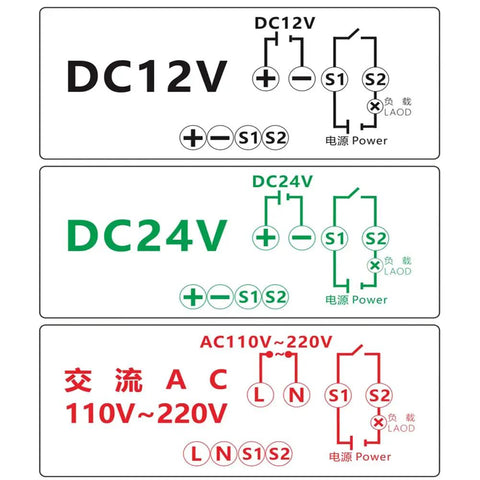 Wiring diagrams for DC12V, DC24V, and AC110-220V timer relay modules with terminals and connections shown.
