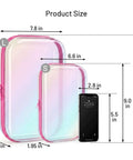 Hella Durable Clear Hard Shell Travel Organizer Cases With Smooth Zipper Closure Kickass Iridescent Coating sizes shown, large 7.8x9.0 in, small 6.6x2.8 in.