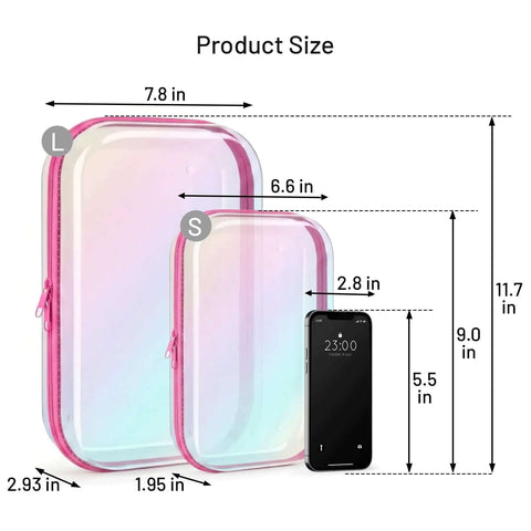 Hella Durable Clear Hard Shell Travel Organizer Cases With Smooth Zipper Closure Kickass Iridescent Coating sizes shown, large 7.8x9.0 in, small 6.6x2.8 in.
