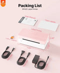 4x6 Bluetooth Thermal Label Printer For Shipping Labels And Small Business Use Wireless Printing For Packages At Home Or Office Compatible With iPhone Android iPad MacOS Windows Via Bluetooth Or USB No Ink Pink showing printer, cables, manual, and test labels.
