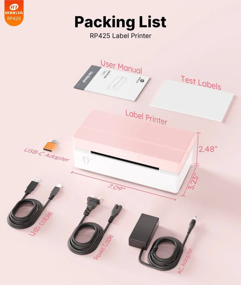 4x6 Bluetooth Thermal Label Printer For Shipping Labels And Small Business Use Wireless Printing For Packages At Home Or Office Compatible With iPhone Android iPad MacOS Windows Via Bluetooth Or USB No Ink Pink showing printer, cables, manual, and test labels.