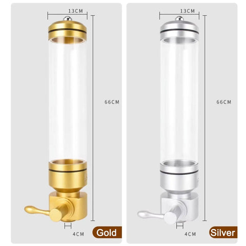 Wall Mounted Coffee Bean Dispenser With Hella Spacious Large Capacity Transparent Acrylic Jar In Slick Gold Finish on left, Silver on right.