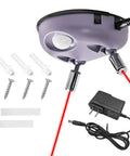 Dual Laser Garage Parking Sensor With AC Adapter And 360 Degree Adjustable Arms showing components, including lasers, screws, and adapter.