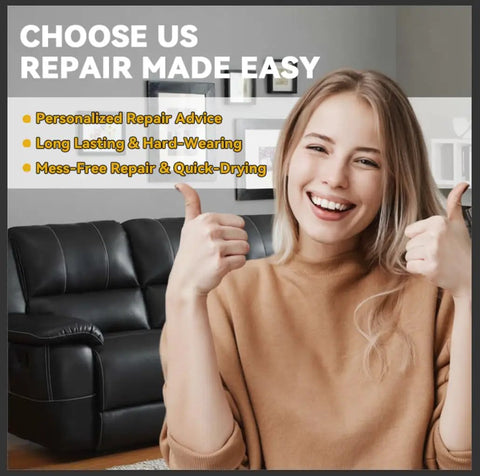 Woman smiling with thumbs up in front of black sofa, promoting DIY Leather Repair Kit For Furniture And Cars, No Skills Needed.