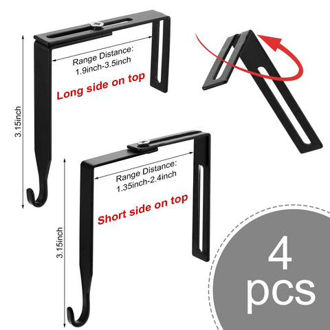 Four Pack Adjustable Cubicle Hangers For Office Partitions And Whiteboards, Universal Metal Hooks, Black Finish, Two Sizes Displayed