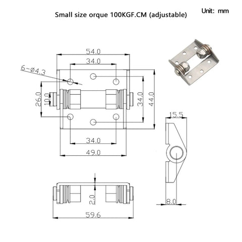 Front view: High-torque damping hinge, 304 stainless steel, adjustable 10 N·m, 1 pc, mounting holes.