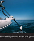 54 Inch Saltwater Trolling Motor With FreeSteer Joystick Remote And Precision GPS Anchoring deployed on a boat for easy control.