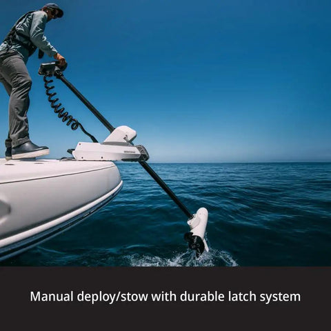 54 Inch Saltwater Trolling Motor With FreeSteer Joystick Remote And Precision GPS Anchoring deployed on a boat for easy control.