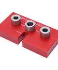 Top Shelf Wood Doweling Jig Drill Kit With Spot On Scaling Ruler And Rugged Aluminum Frame For Hassle Free Furniture Joinery And Cabinet Refinishing Projects Built Damn Tough And Ready For Work Red, showing three bushings on a red base.