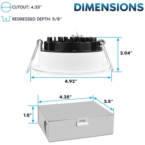 Dimensions of 4 Inch LED Recessed Ceiling Light With Junction Box 15W 5 CCT Selectable 2700K 5000K Cranking 1300 Lumens.
