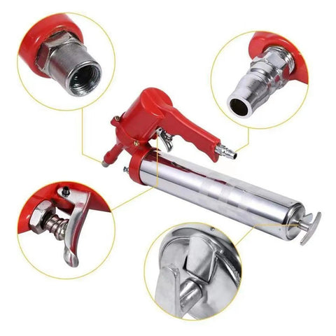 Beefy 400cc Pneumatic Grease Gun With Stainless Steel Spring, flexible hose, detailed parts view