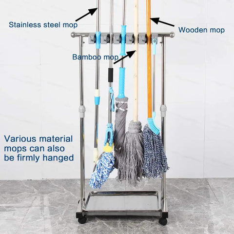 Movable Mop And Broom Holder Cart Rolling Cleaning Tool Rack Stainless Steel Stand holding various mops in a tiled room