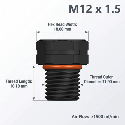M12 x 1.5 Heavy Duty Black Breather Screw showing dimensions and features for zero hassle pressure regulation.