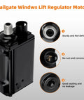 Image of a tailgate windws lift regulator motor showing features like sturdy design, no rust, and good sealing.