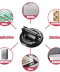 8 Inch Glass Vacuum Lifter With Handle for Granite Glass And Stone with application icons for marble, furniture, and appliances