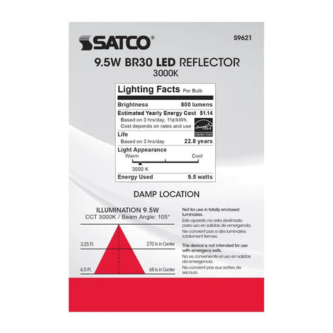 Packaging of BR30 LED Light Bulbs 9.5W Dimmable 750 Lumens 3000K Soft White, 105 Degree Beam, Medium Base, showing lighting facts