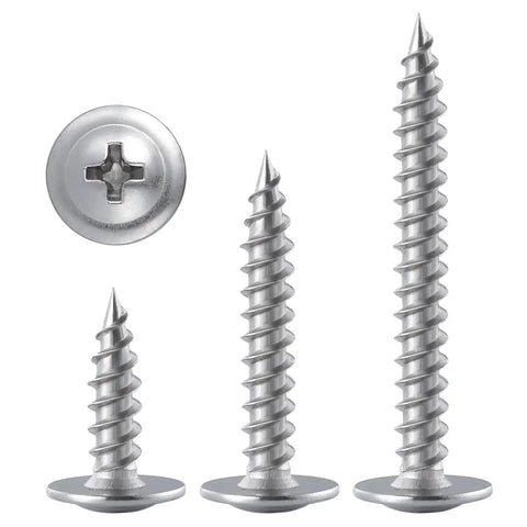 Top Shelf Eight By Three Quarter Inch Phillips Truss Head Wood Metal Screws Bulletproof 410 Stainless Steel screws in various sizes.