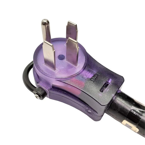 Close-up of NEMA 14-50P plug with lighted connector for Heavy Duty 50 Amp RV and EV Extension Cord 36 Ft 4 Prong