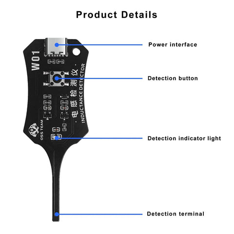 Type C Inductance Tester For Phone Motherboard Coil Detector And Circuit Board Inductor Scanner Quick Fault Check Tool On Site Repair Handy Portable Electronic Repair Gadget showing power interface, detection button, and indicator light.