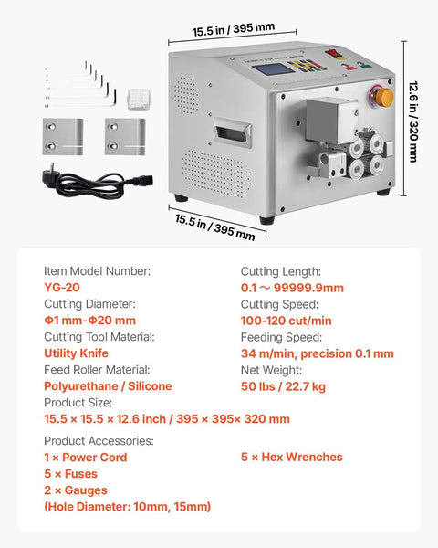 Image of Automatic Heat Shrink Tube Cutter With Lcd Display Heavy Duty PVC PE Silicone Pipe Trimmer showing dimensions and parts.