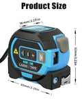 Solid Workhorse 3 In 1 Laser Distance Meter Pairs Up Cross Line Level And Retractable Tape Measure For Dead On Accuracy Digital panel and size dimensions displayed.