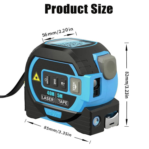 Solid Workhorse 3 In 1 Laser Distance Meter Pairs Up Cross Line Level And Retractable Tape Measure For Dead On Accuracy Digital panel and size dimensions displayed.