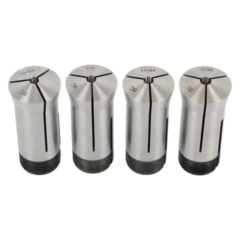Four collets from the 72 Piece Precision 5C Collet Set Inch Range 1/64 to 1-1/8 Inch With All 1/64 Size Collets, metal material
