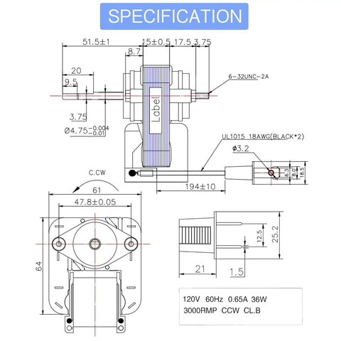 Technical diagram of Bathroom Vent Fan Motor Replacement Kit 50CFM 120V For Nutone Broan Compatible Quiet Continuous Duty Electric Motor.