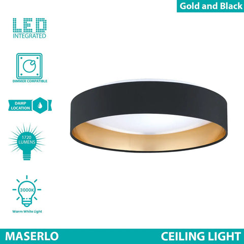 Maserlo 16 Inch Flush Mount LED Ceiling Light Fixture Dimmable For Living Room Bedroom Hallway Black Gold Dope Sleek Modern