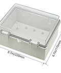 Rugged Outdoor IP65 Weatherproof Electrical Junction Box With Hinged Clear Cover, ABS plastic, dimensions 8.7x6.7x4.3 inches.