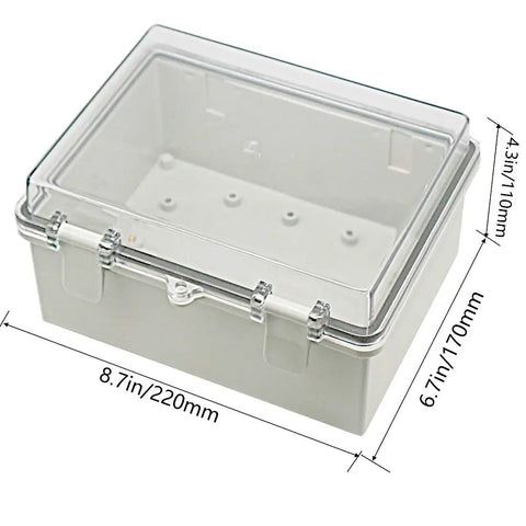 Rugged Outdoor IP65 Weatherproof Electrical Junction Box With Hinged Clear Cover, ABS plastic, dimensions 8.7x6.7x4.3 inches.