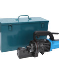 Heavy Duty 7/8 Inch Electric Hydraulic Rebar Cutter With Lightning Fast 3.5 To 4.5 Second Cutting Speed For Smooth Steel Bar Trimming And Precision Construction Work Right In The Field next to storage box.