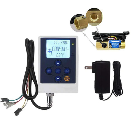 Water Flow Control Meter With LCD Display And G Half Inch Thread Hall Sensor Flowmeter Temperature Sensor shown in parts