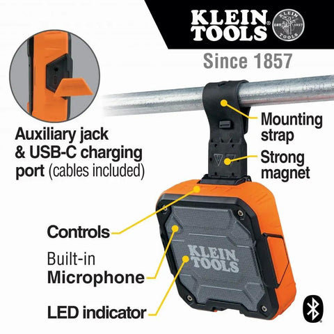 Rugged Bluetooth Speaker With Magnetic Strip And Hook, Rechargeable, mounted on a metal rod showing ports and controls.