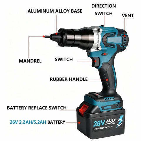 Automatic Cordless Electric Rivet Nut Gun with aluminum base and rubber handle, shows battery and controls for M3 to M12 use.