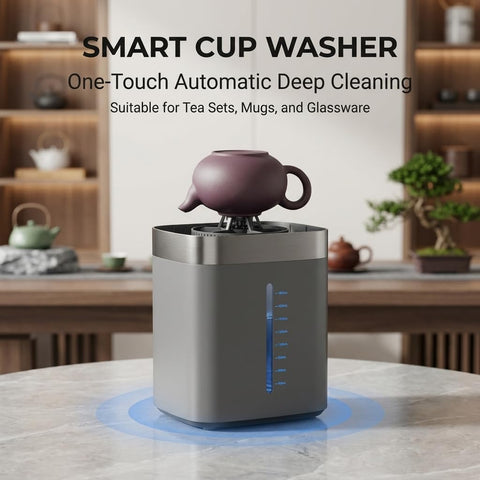 Automatic Desktop Cup Washer With 1.8L Tank Electric Glass Rinser Fits Mugs And Wine Glasses Quick Jet Spray No Plumbing Required shown on countertop.