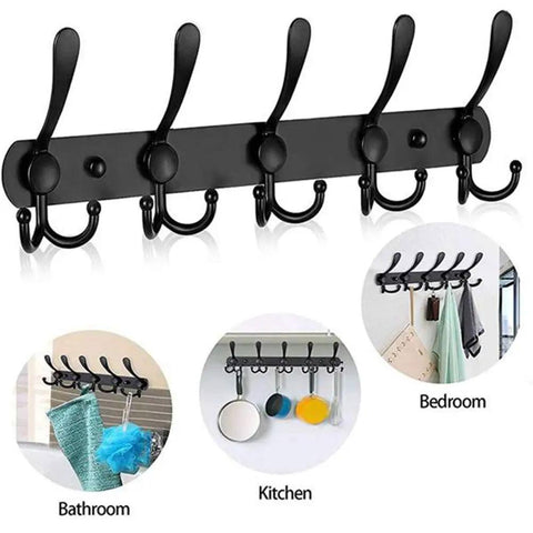 2 Pack Wall Mount Coat Rack Five Heavy Duty Hooks Solid Stainless Steel Build mounted in bathroom and kitchen for towels and utensils.