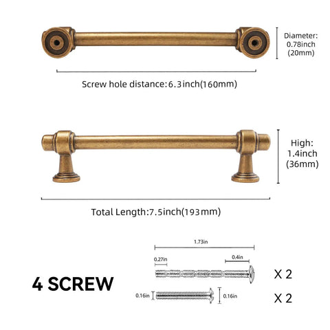 Diagram of Twenty Pack Antique Brass Kitchen Cabinet Handles Six And A Quarter Inch Center To Center 160mm Vintage Drawer Pulls Aged Gold Bronze Hardware For Cabinets And Drawers with measurements