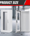 Built Tough White Steel Fire Extinguisher Cabinet With Lock Wall Or Surface Mount For 5 To 12 Pound Extinguishers, 23.6 Inches High, 10.2 Inches Wide, 6.7 Inches Deep, Full Clear Acrylic Door For Indoor And Outdoor Use shown closed and open with dimensions.