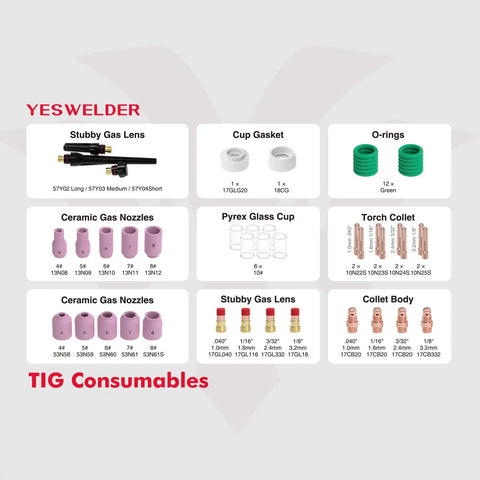 49 Piece TIG Welding Torch Stubby Gas Lens Kit With No 10 Glass Cup For WP 17 18 26 shown with consumables